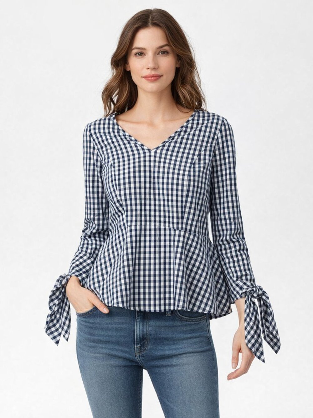 J. Crew Universal Standard Gingham Top Navy/White Tie Sleeve Size XS NWT